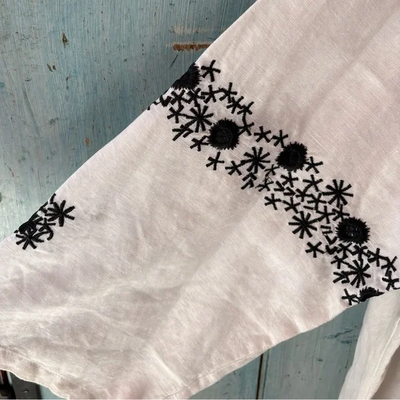 Boho White Linen Peasant Top with Black Intricate Embroidery - Picture 6 of 16